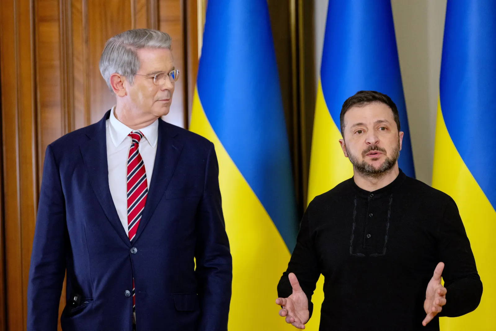 Ukraine's President Volodymyr Zelensky and U.S. Secretary of Treasury Scott Bessent give a press conference during their meeting in Kyiv on February 12, 2025.