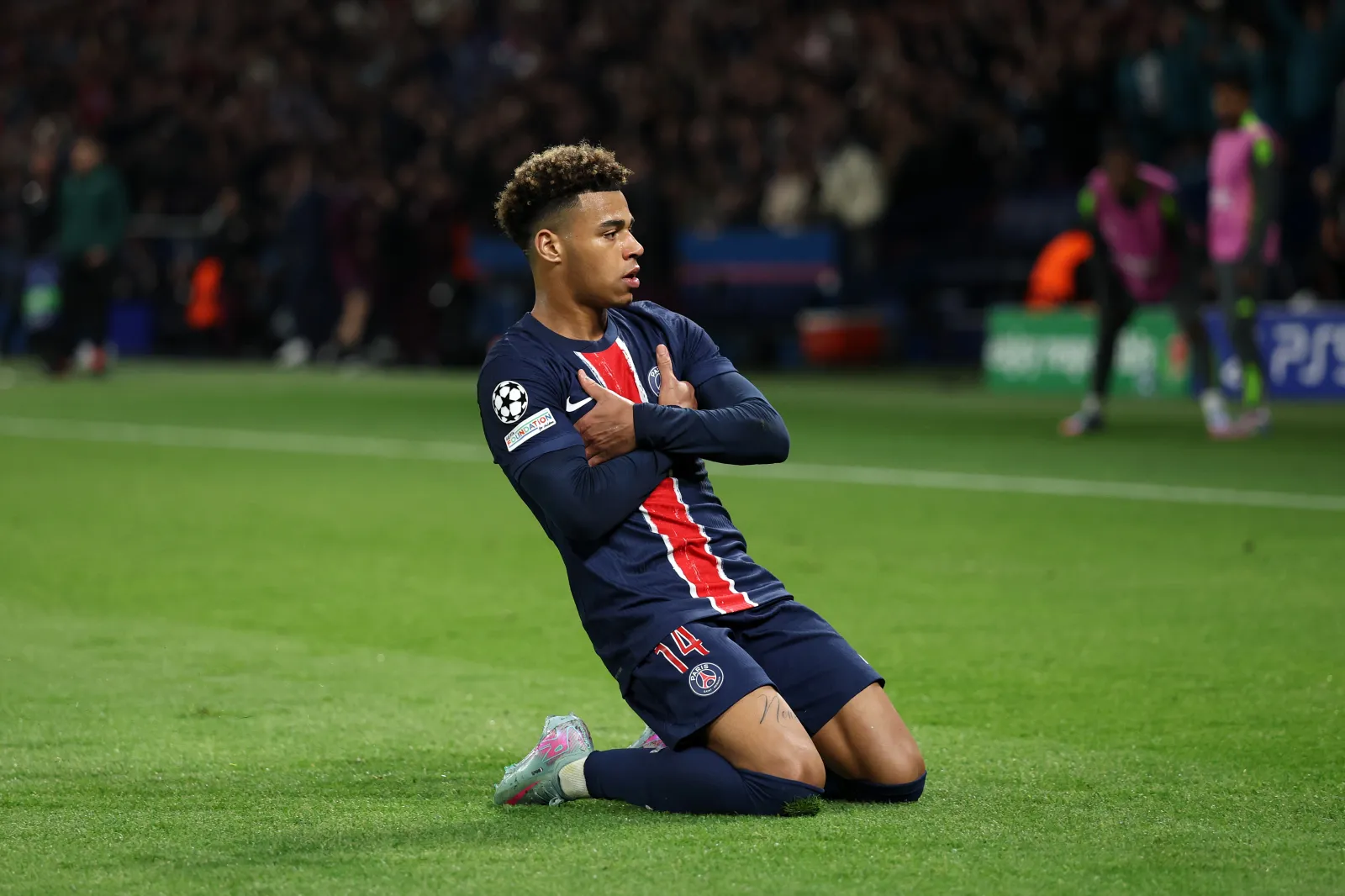 PARIS, FRANCE - APRIL 09: Desire Doue of Paris Saint-Germain celebrates scoring his team's first goal during the UEFA Champions League 2024/25 Quarter Final First Leg match between Paris Saint-Germain and Aston Villa FC at Parc des Princes on April 09, 2025 in Paris, France. (Photo by Michael Steele/Getty Images)