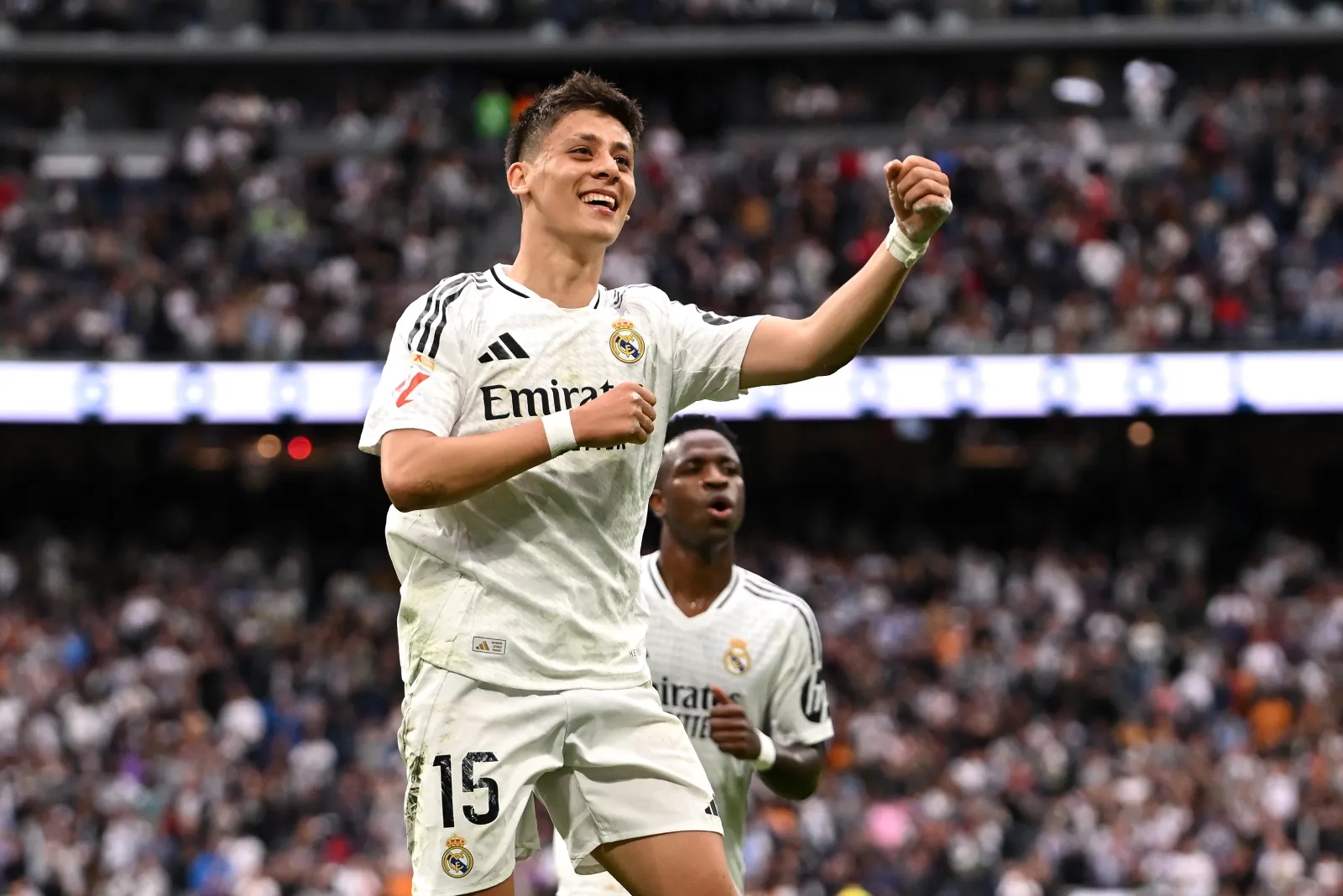 MADRID, SPAIN - MAY 04: Arda Gueler of Real Madrid celebrates scoring his team's first goal during the LaLiga match between Real Madrid CF and RC Celta de Vigo at Estadio Santiago Bernabeu on May 04, 2025 in Madrid, Spain. (Photo by Denis Doyle/Getty Images)