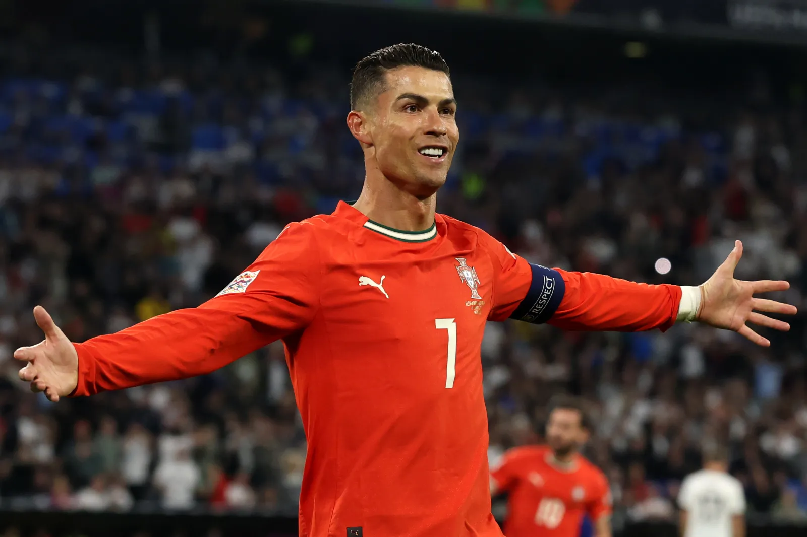 MUNICH, GERMANY - JUNE 04: Cristiano Ronaldo of Portugal gestures after scoring his team's second goal during the UEFA Nations League 2025 semifinal match between Germany and Portugal at Munich Football Arena on June 04, 2025 in Munich, Germany. (Photo by Alexander Hassenstein/Getty Images)