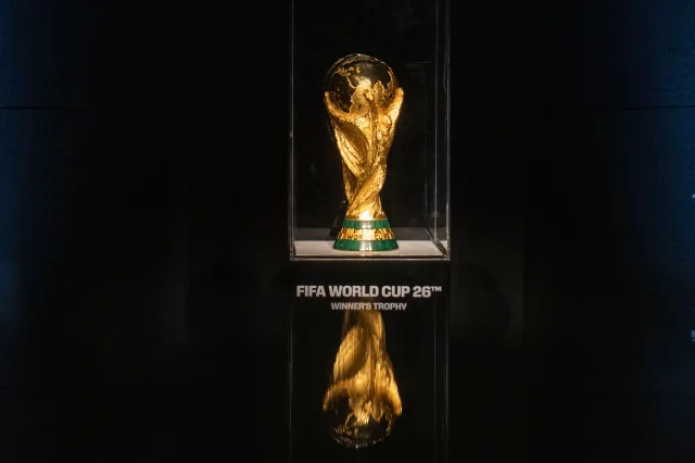 A detailed view of the 2026 World Cup trophy during the unveiling of the countdown clock one year ahead of the tournament on June 11, 2025, in Mexico City.
