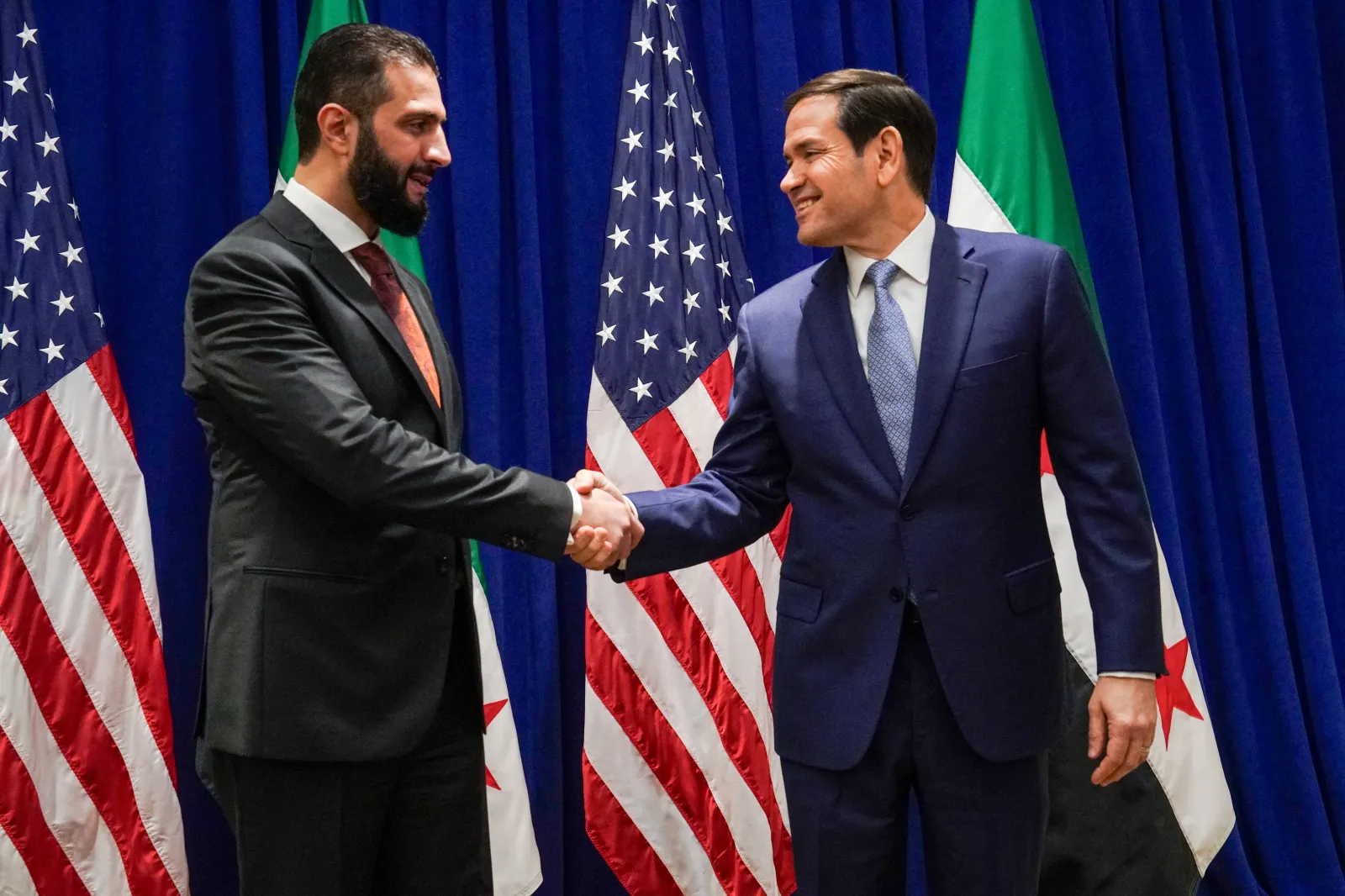 Syrian President Ahmed al-Sharaa and U.S. Secretary of State Marco Rubio on the sidelines of the United Nations General Assembly meeting on September 22, 2025, at the Lotte New York Palace Hotel in New York City.