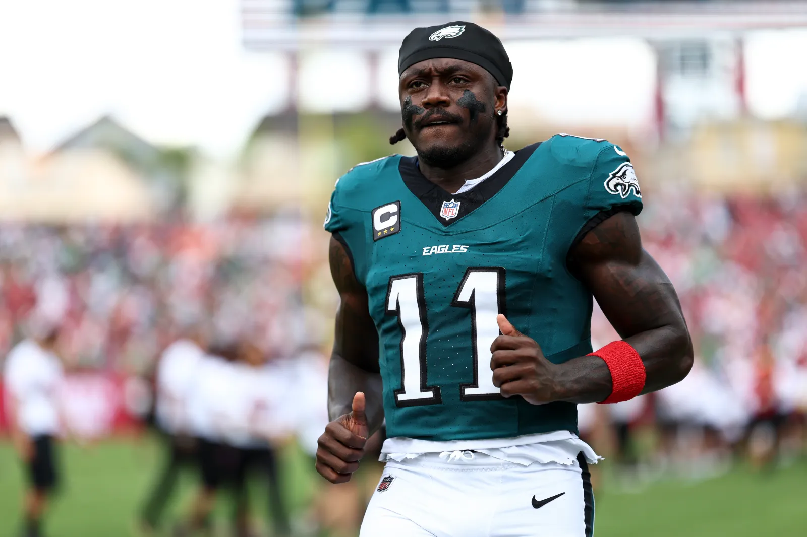TAMPA, FLORIDA - SEPTEMBER 28: AJ. Brown #11 of the Philadelphia Eagles warms up prior to an NFL football game against the Tampa Bay Buccaneers at Raymond James Stadium on September 28, 2025 in Tampa, Florida. (Photo by Kevin Sabitus/Getty Images)