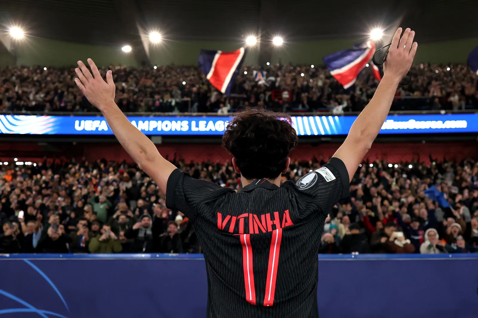 PARIS, FRANCE - NOVEMBER 26: Vitinha of Paris Saint-Germain celebrates scoring his team's fifth goal and his hat-trick goal during the UEFA Champions League 2025/26 League Phase MD5 match between Paris Saint-Germain and Tottenham Hotspur at Parc des Princes on November 26, 2025 in Paris, France. (Photo by Justin Setterfield/Getty Images)