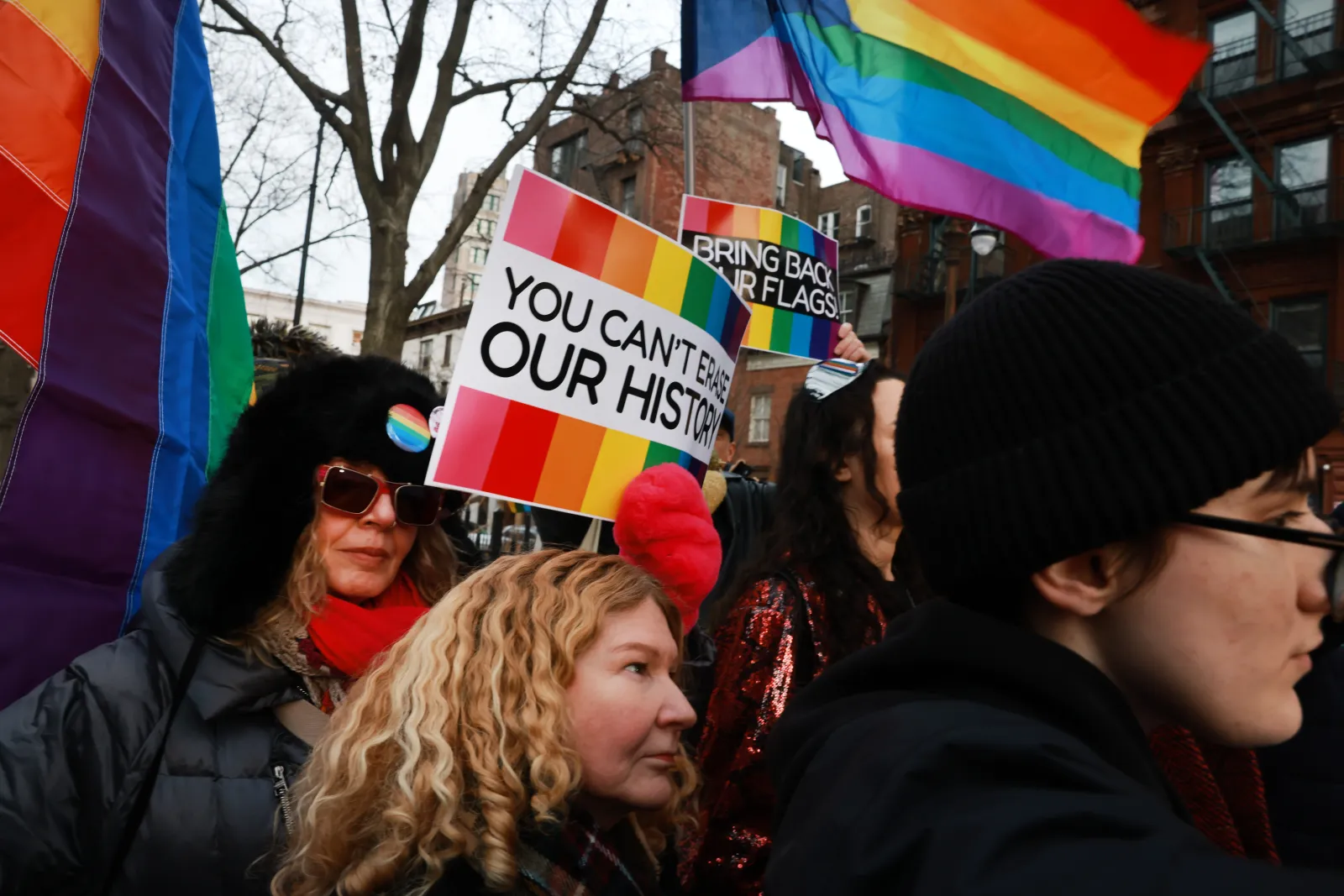 Protesters gather at the Stonewall National Monument in New York on February 10, 2026, after the National Park Service was ordered to remove the LGBTQ+ Pride flag from the site.