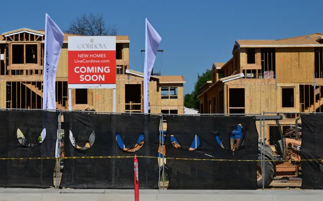 New houses under construction are seen in Alhambra, California, on March 19, 2026.