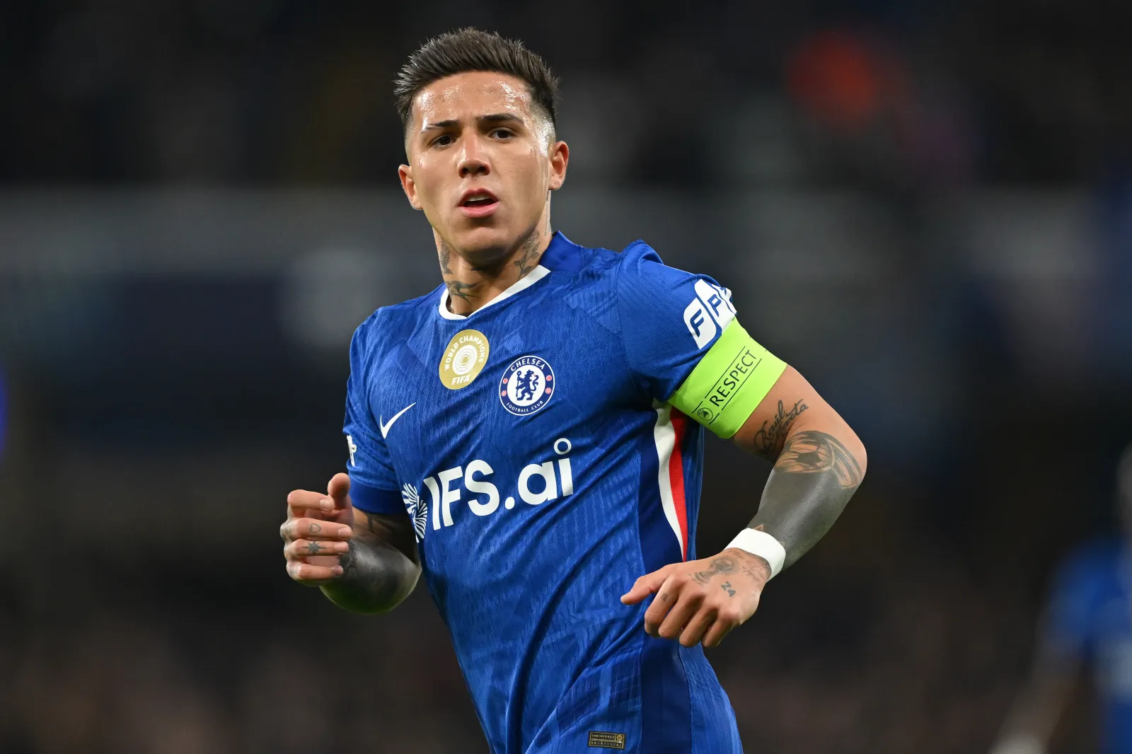 LONDON, ENGLAND - MARCH 17: Enzo Fernandez of Chelsea in actio during the UEFA Champions League 2025/26 Round of 16 Second Leg match between Chelsea FC and Paris Saint-Germain FC at Stamford Bridge on March 17, 2026 in London, England. (Photo by Mike Hewitt/Getty Images)