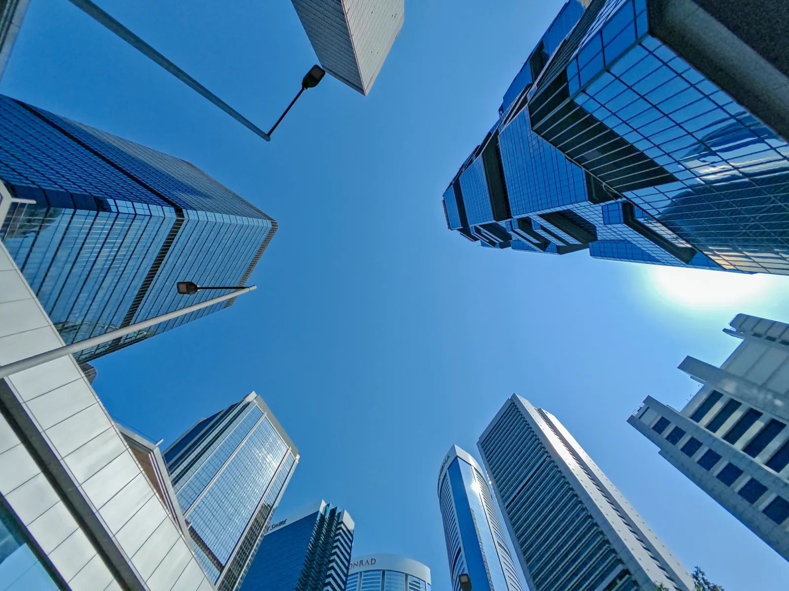 A low angle view of skyscrapers in Hong Kong's business district.