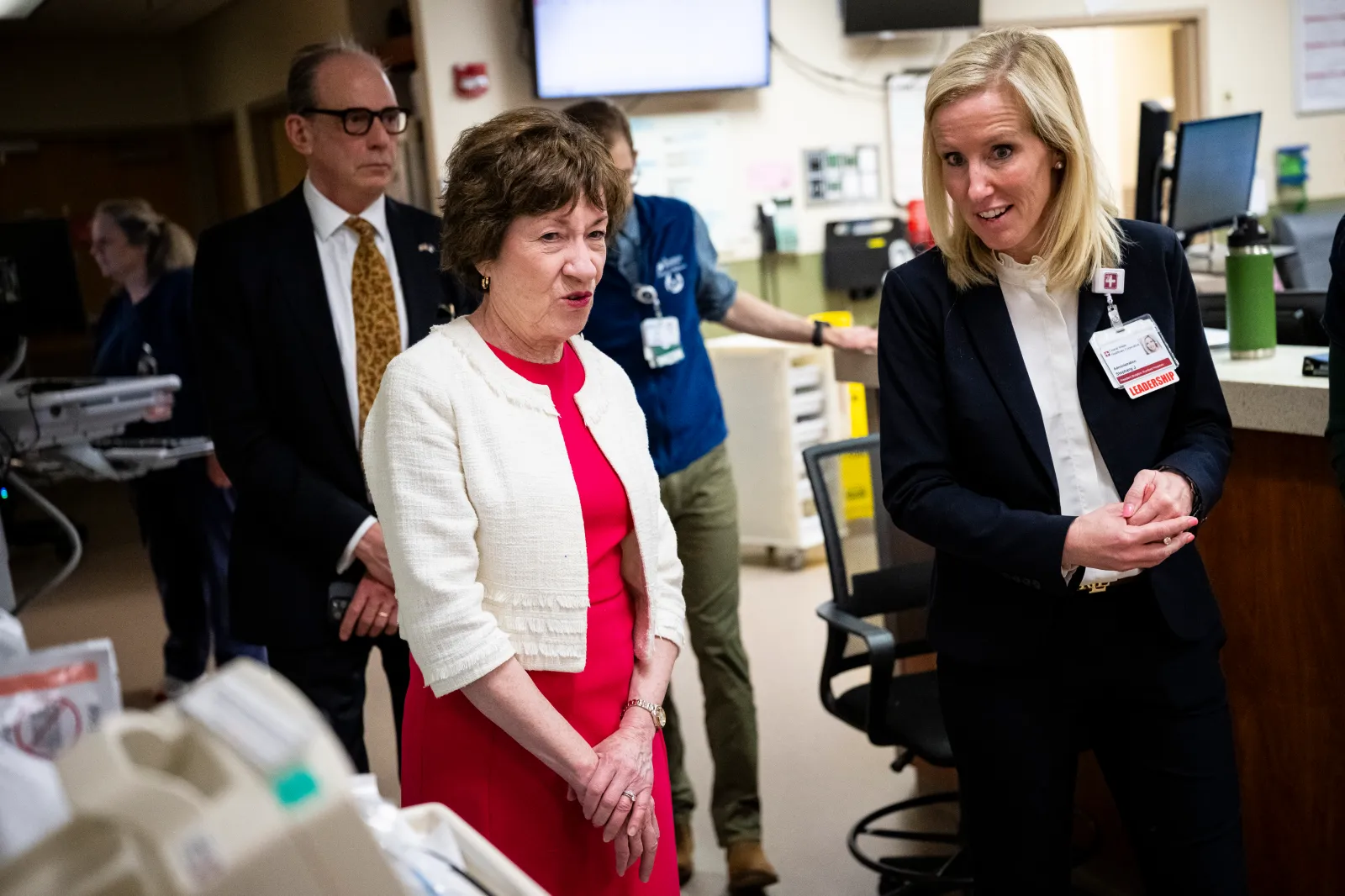 Senator Susan Collins, left, speaks with Bridgton and Rumford Hospitals President Stephany Jacques during a tour on May 5, in Bridgton, Maine. (Photo by Graeme Sloan/Getty Images)