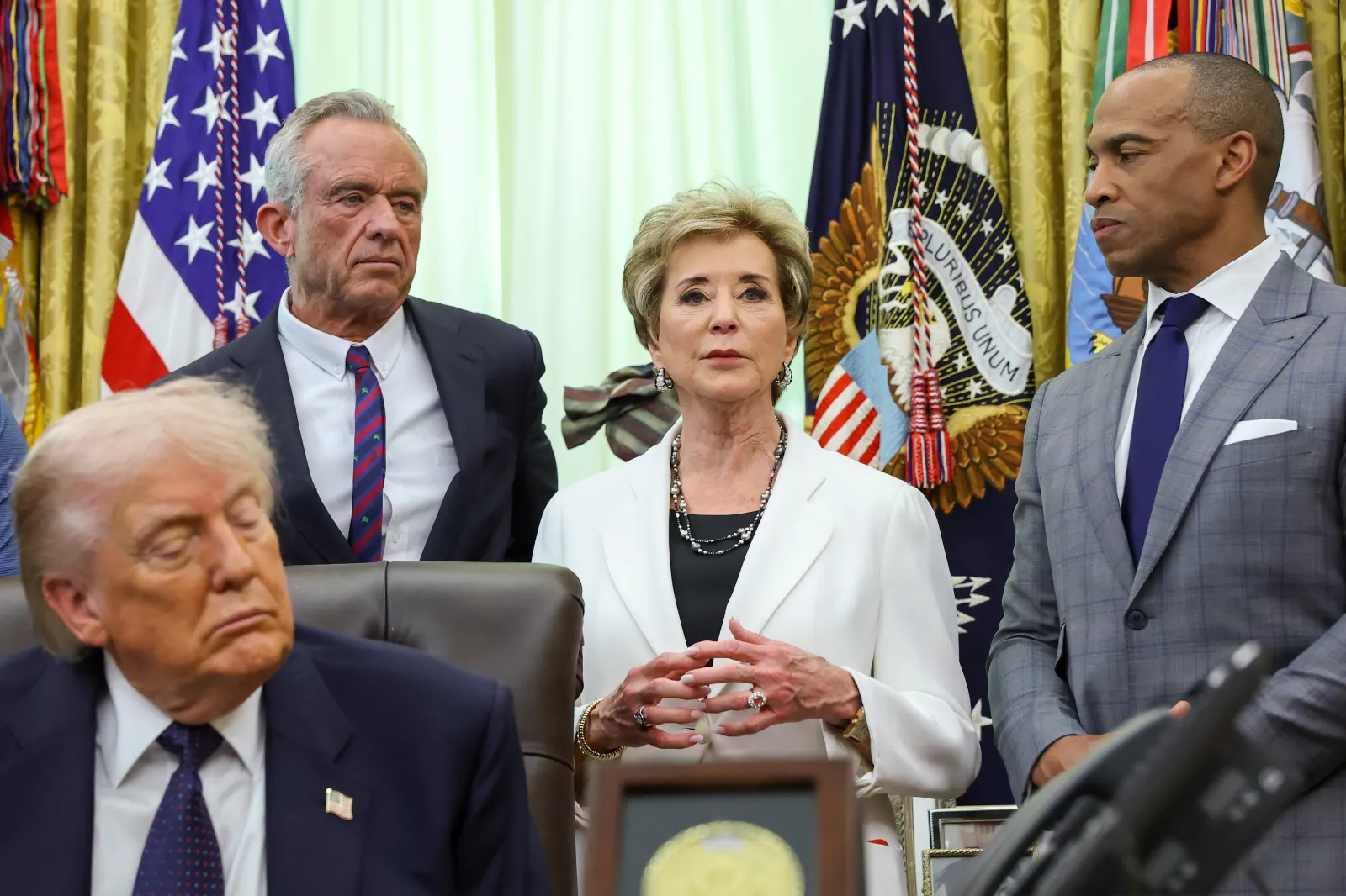 Education Secretary Linda McMahon speaks in the Oval Office of the White House alongside President Donald Trump on May 5.