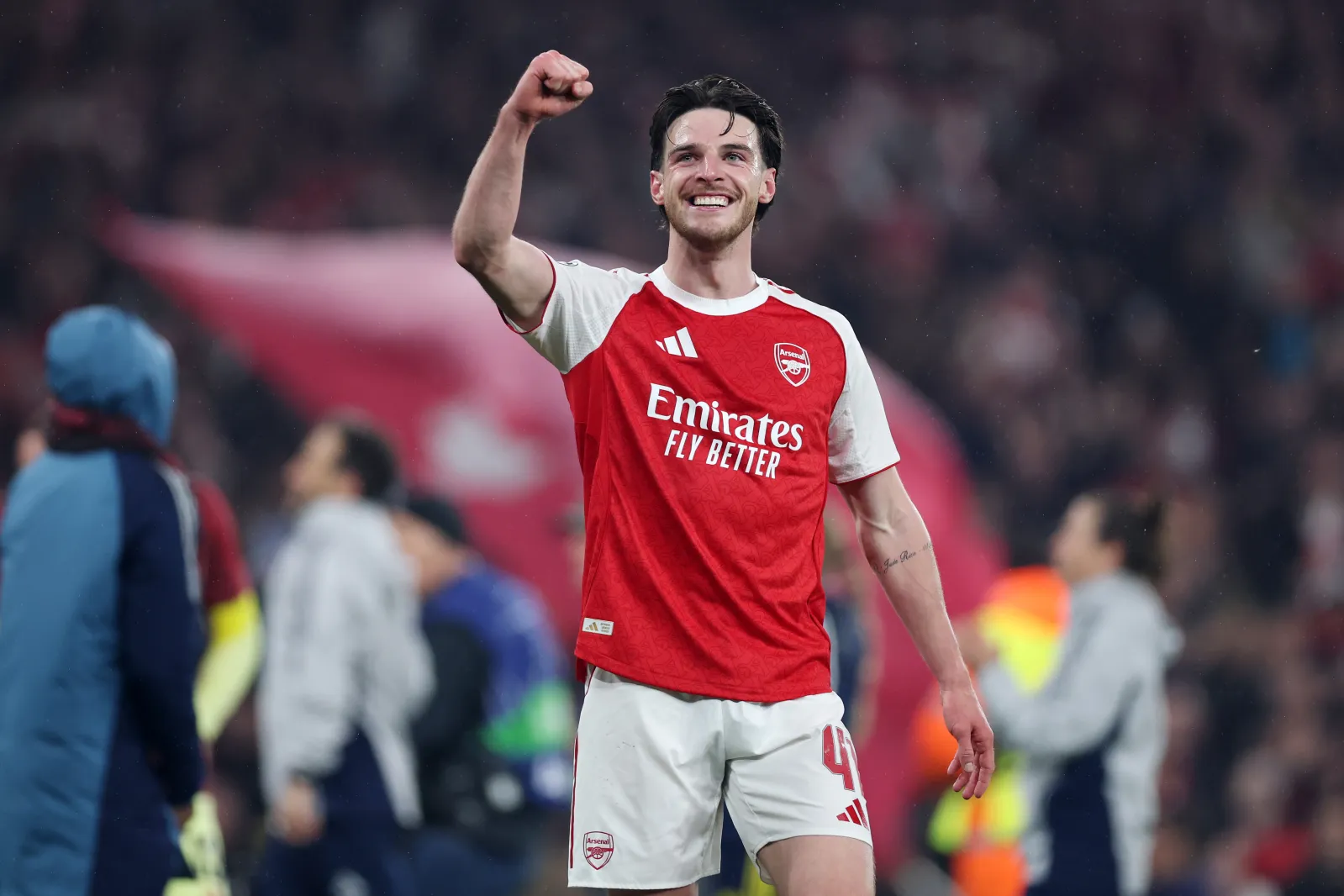 Declan Rice of Arsenal celebrates progressing to the final of the UEFA Champions League 2025/26 after the team's victory in the UEFA Champions League 2025/26 Semi Final Second Leg match between Arsenal FC and Atletico de Madrid at Arsenal Stadium on May 05, 2026 in London, England. (Photo by Justin Setterfield/Getty Images)
