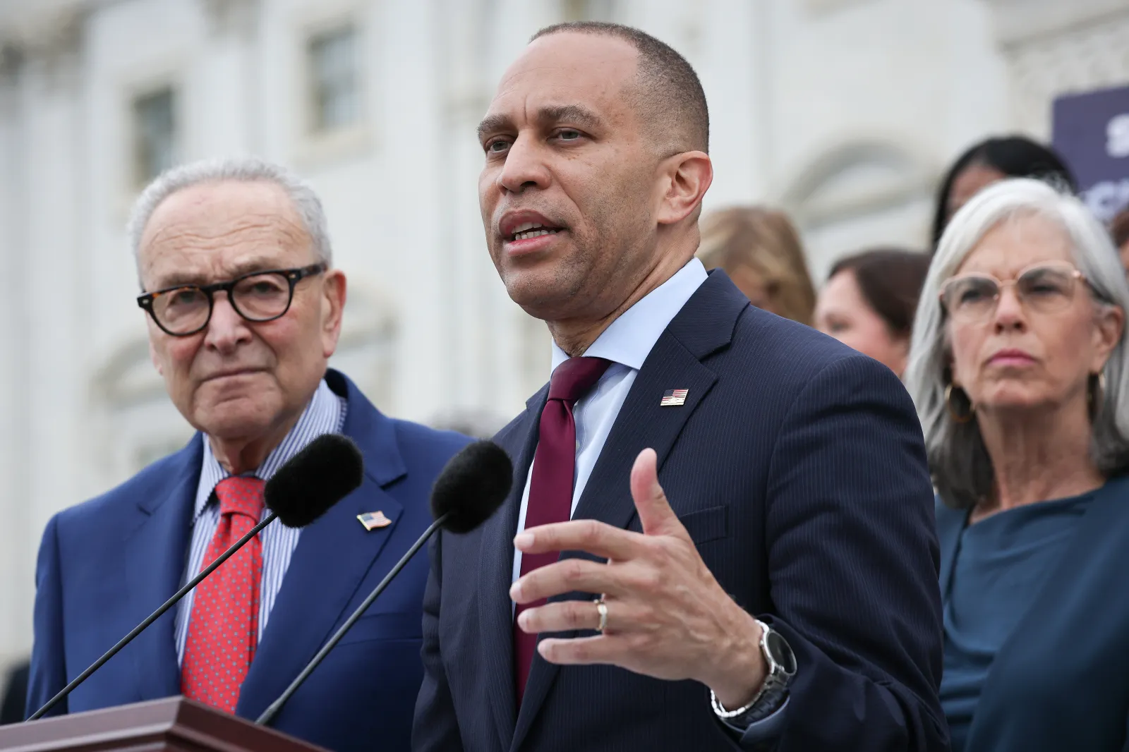 House Democratic Leader Hakeem Jeffries, front right, speaks alongside Senate Democratic Leader Chuck Schumer on the steps of the U.S. Senate during an event with congressional Democrats on May 21 in Washington, D.C. (Photo by Win McNamee/Getty Images)