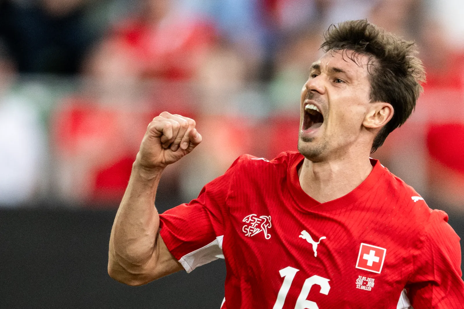 Switzerland's midfielder #16 Christian Fassnacht celebrates scoring his team's fourth goal during a friendly match between Switzerland and Jordan ahead of the 2026 FIFA World Cup football tournament at the Kybunpark stadium, in St. Gallen, on May 31, 2026. (Photo by Ennio LEANZA / AFP via Getty Images)