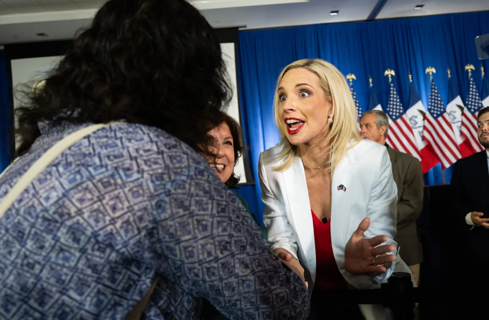 Representative Ashley Hinson, Republican U.S. Senate candidate, greets a supporter during a primary night election party on Tuesday in Cedar Rapids, Iowa. (Photo by Stephen Maturen/Getty Images)