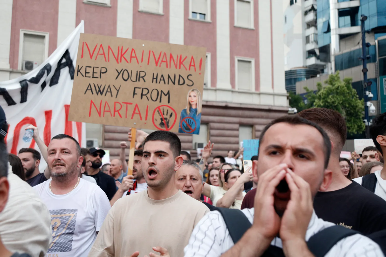 Protestors take part in a demonstration in front of the prime minister's office, against the construction of a luxury resort near a protected natural area, in Tirana on June 3, 2026. Citizens demonstrate for the fourth day to demand transparency around a tourist complex project allegedly linked to the U.S. president's son-in-law. (Photo by AFP via Getty Images)