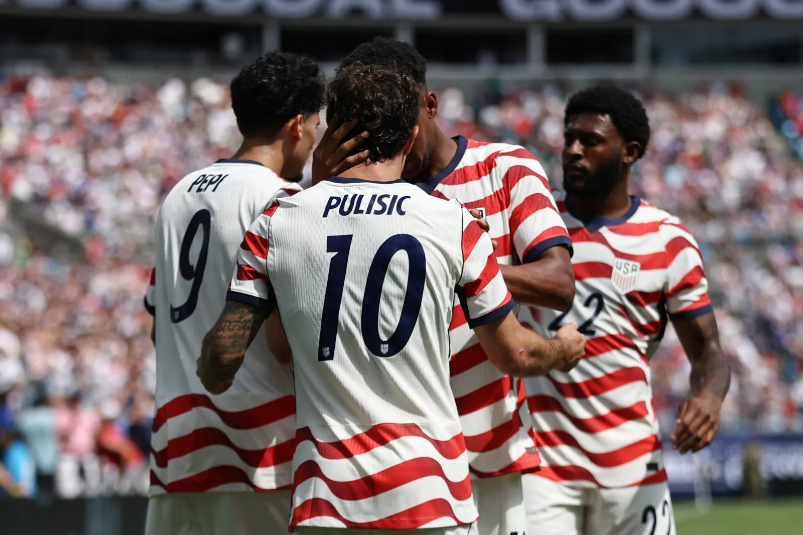 Members of Team USA celebrate during a match between the United States and Senegal at Bank of America Stadium on May 31, 2026.