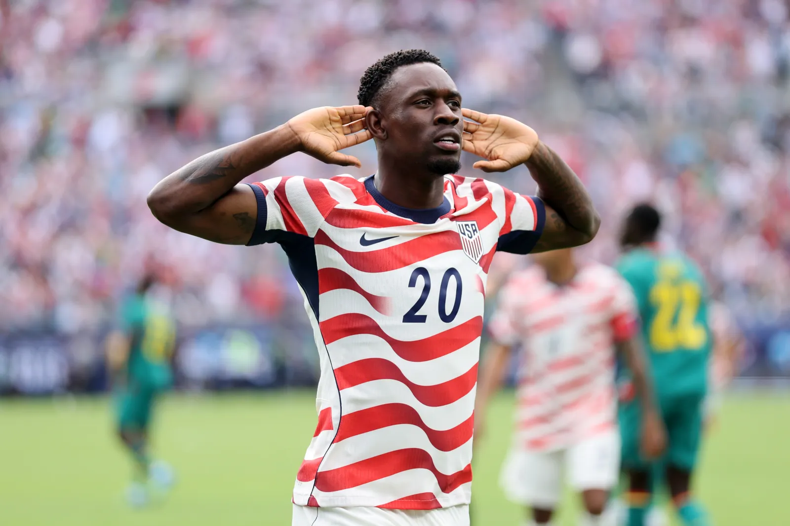 CHARLOTTE, NORTH CAROLINA - MAY 31: Falarin Balogun of United States celebrates after scoring his team's third goal during the international friendly match between United States and Senegal at Bank of America Stadium on May 31, 2026 in Charlotte, North Carolina. (Photo by Jamie Squire/Getty Images)