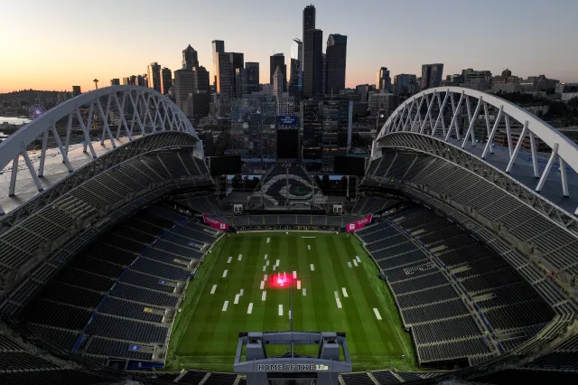 In an aerial view, Seattle Stadium, temporarily renamed from Lumen Field, stands ahead of the FIFA World Cup 2026 on May 31 in Washington.
