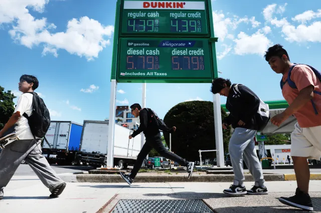Fuel prices are displayed at a gas station in Brooklyn on June 1, 2026, in New York City.