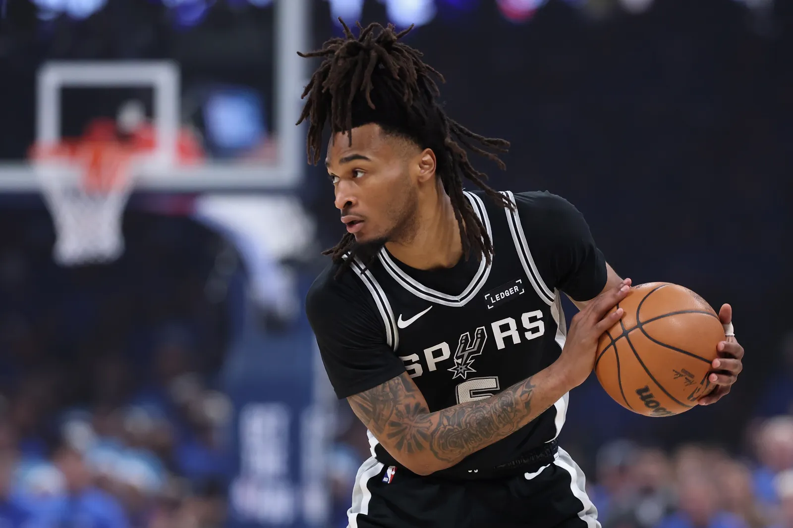 San Antonio Spurs guard Stephon Castle playing in Western Conference Finals game against Oklahoma City Thunder