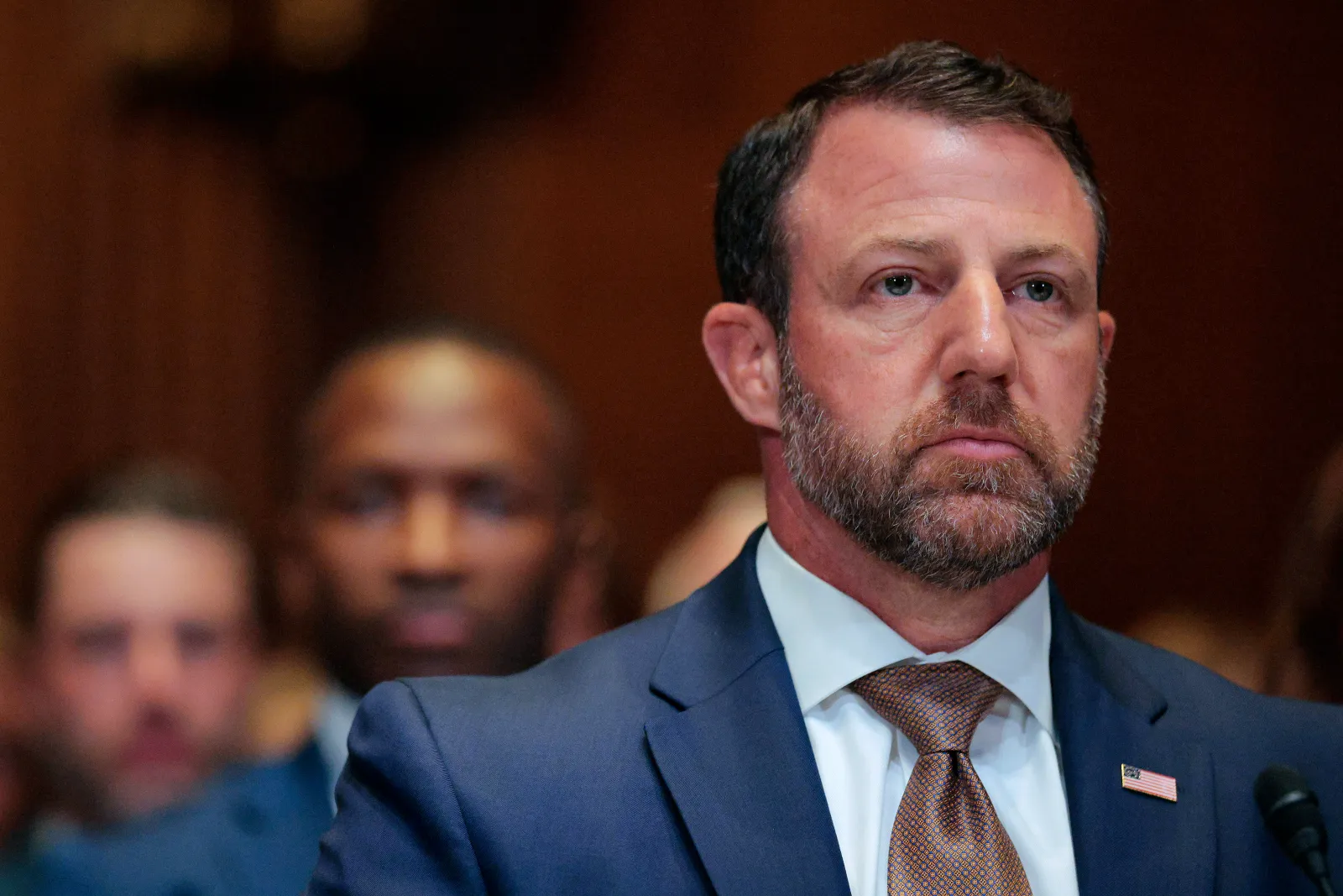Homeland Security Secretary Markwayne Mullin listens to opening statements as he testifies before the Senate Appropriations Subcommittee on the Department of Homeland Security in the Dirksen Office Building on Capitol Hill in Washington on June 2, 2026.