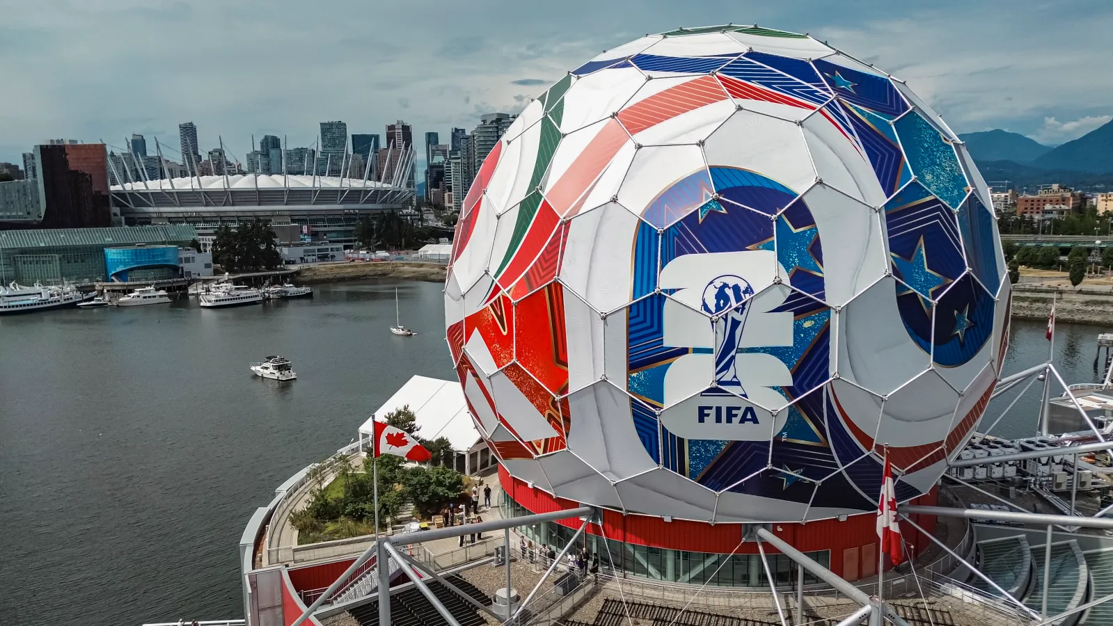 Aerial view of Science World after the completion of the FIFA World Cup 2026 match ball installation on June 03, 2026 in Vancouver, British Columbia.