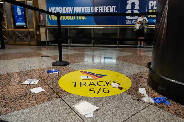 Blood and used medical items remain at the scene of a stabbing in Penn Station on June 7, 2026 in New York City.