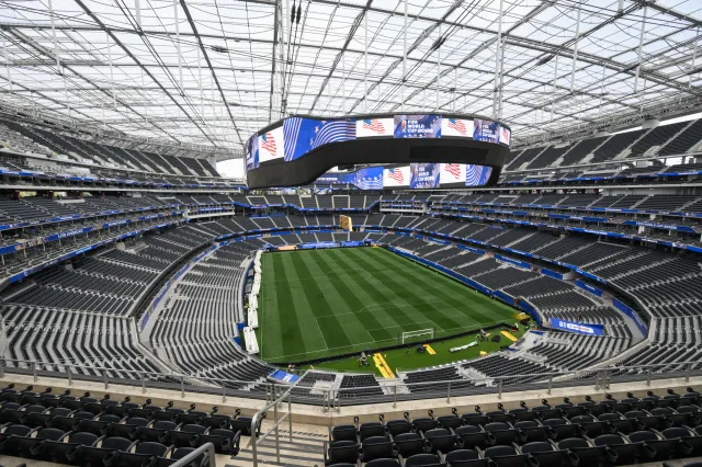 The fully installed grass pitch is seen at Los Angeles Stadium (temporarily renamed from SoFi Stadium) ahead of the 2026 FIFA World Cup in Los Angeles on June 7, 2026.