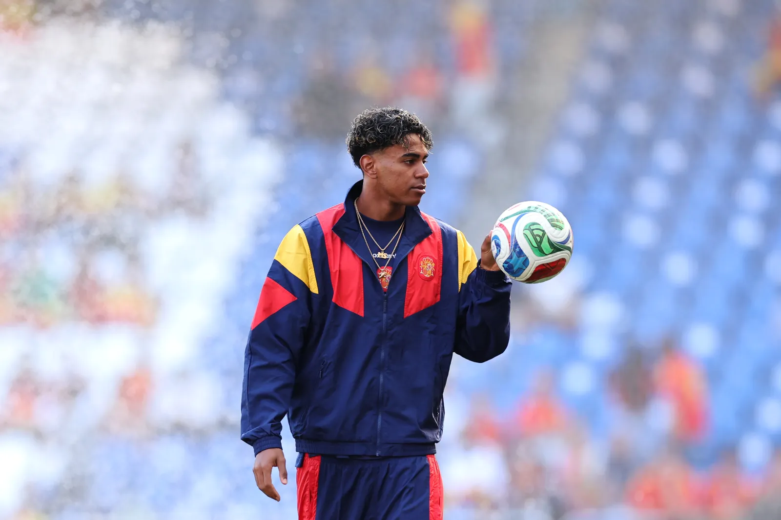 LA CORUNA, SPAIN - JUNE 04: Lamine Yamal of Spain looks on prior to the international friendly match between Spain and Iraq at Riazor Stadium on June 04, 2026 in La Coruna, Spain. (Photo by Florencia Tan Jun/Getty Images)