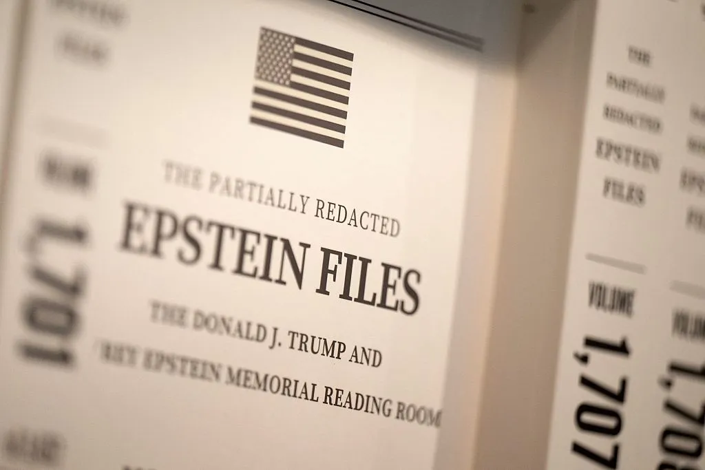 Volumes are seen as preparations are made for the opening of the pop-up exhibit "Donald J. Trump and Jeffrey Epstein Memorial Reading Room," where 3,437 bound volumes of the "Epstein Files" are on display on June 8, 2026, in Washington, D.C.