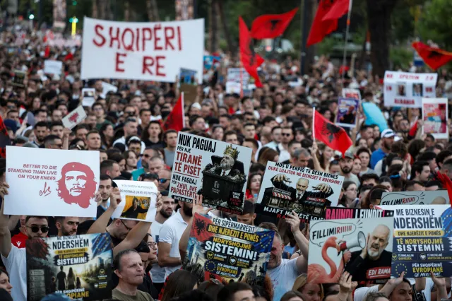Albanians protest the construction of a luxury resort linked to Jared Kushner in Tirana, on June 8, 2026.