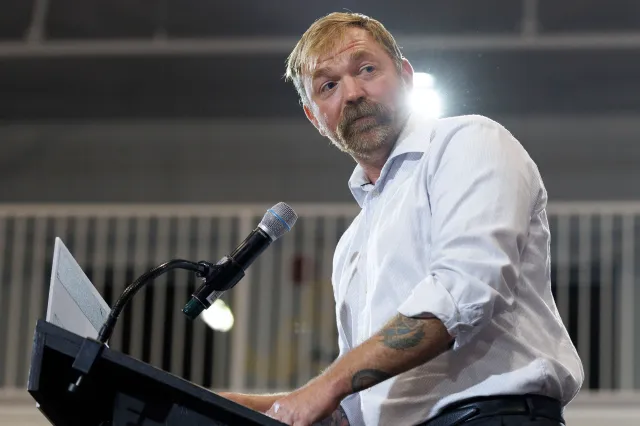 Maine Senate candidate Graham Platner speaks at a primary election event in Blue Hill, Maine, on June 9, 2026.