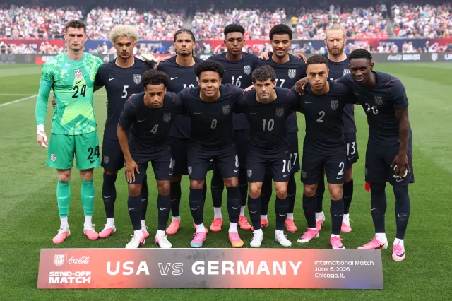 Players from Team USA pose prior to a match between the United States and Germany at Chicago's Soldier Field on June 6, 2026.