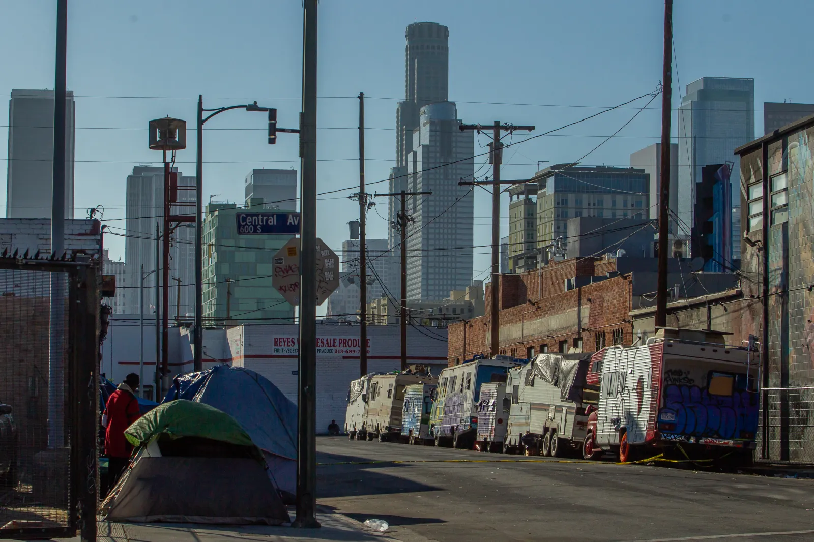 A street lined with tents and motorhomes in the Skid Row area of downtown Los Angeles pictured on June 11, 2026.
