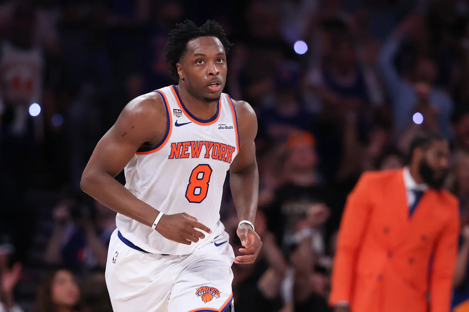  Og Anunoby #8 of the New York Knicks looks on during the second quarter against the San Antonio Spurs in Game Three of the 2026 NBA Finals at Madison Square Garden on June 08, 2026 in New York City. NOTE TO USER: User expressly acknowledges and agrees that, by downloading and or using this photograph, User is consenting to the terms and conditions of the Getty Images License Agreement. (Photo by Al Bello/Getty Images)