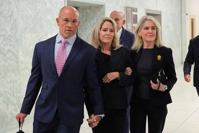 Lesley Groff, center, a former assistant to Jeffrey Epstein, arrives to testify at a closed-door interview with the House Oversight Committee on Capitol Hill on June 09, 2026, in Washington.
