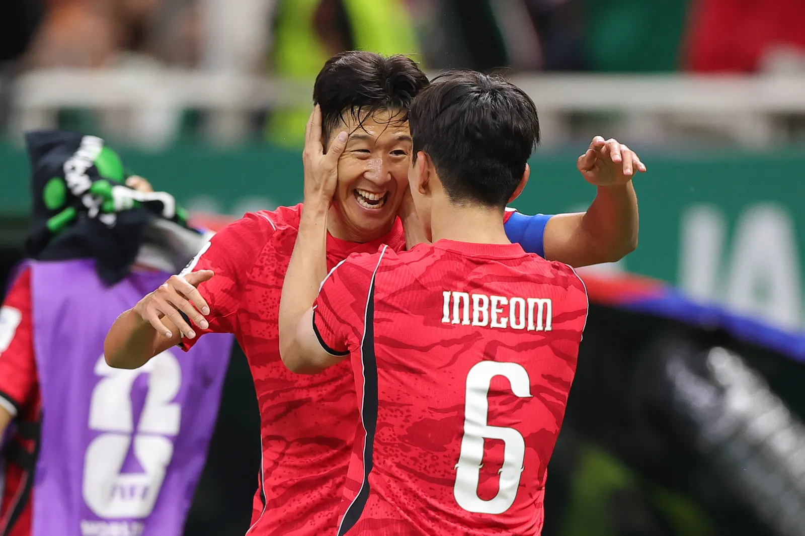 GUADALAJARA, MEXICO - JUNE 11: In-Beom Hwang #6 of Korea Republic celebrates scoring his team's first goal with Heung-Min Son #7 during the FIFA World Cup 2026 Group A match between Korea Republic and Czechia at Guadalajara Stadium on June 11, 2026 in Guadalajara, Mexico. (Photo by Alex Slitz/Getty Images)