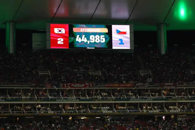 An LED screen displays the attendance at the World Cup match between South Korea and Czechia, Guadalajara, June 11, 2026.