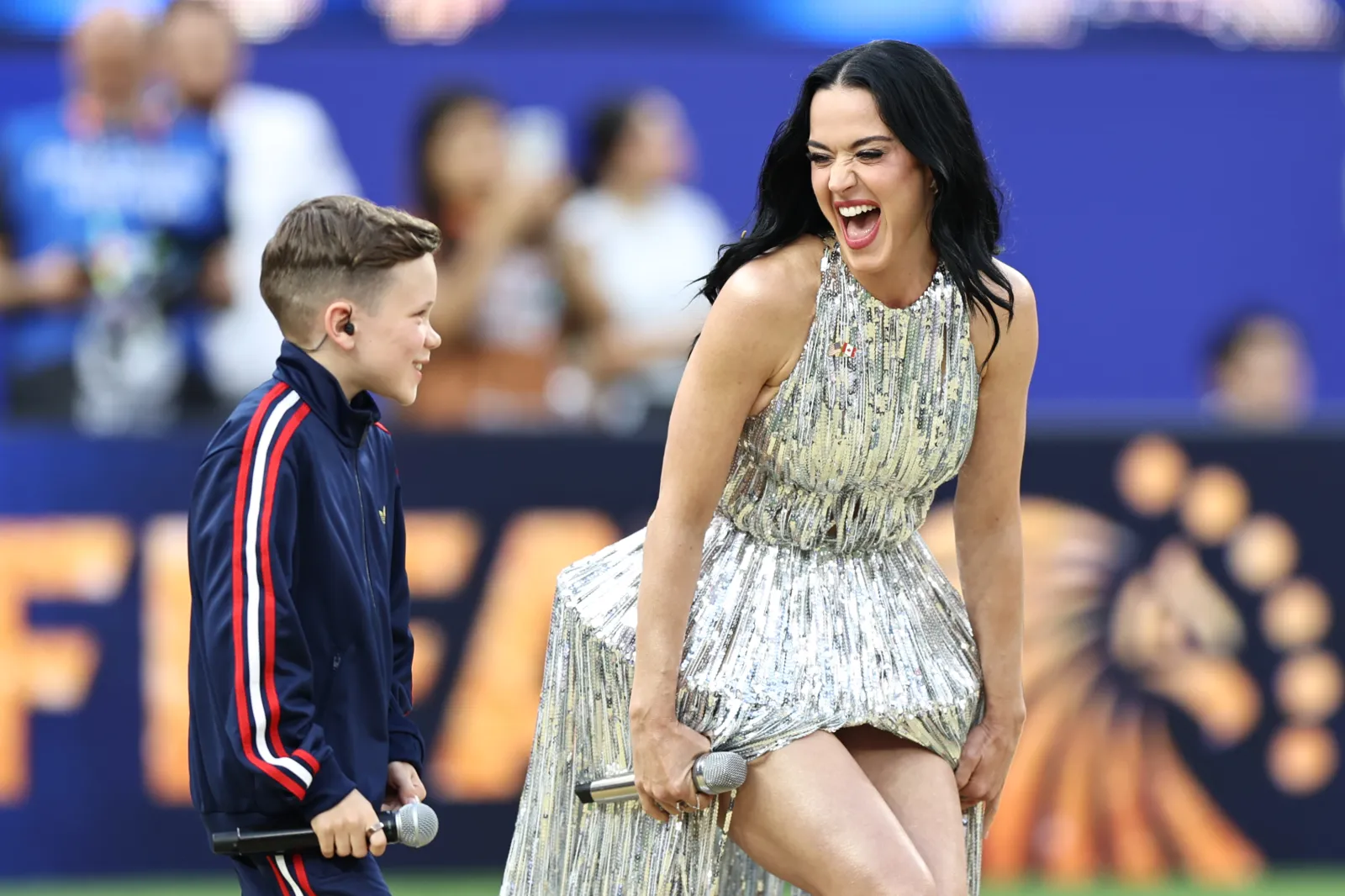 Katy Perry performs with Tius Luka during the Opening Ceremony ahead of the FIFA World Cup 2026 Group D match between USA and Paraguay at Los Angeles Stadium on June 12. (Omar Vega/Getty Images)