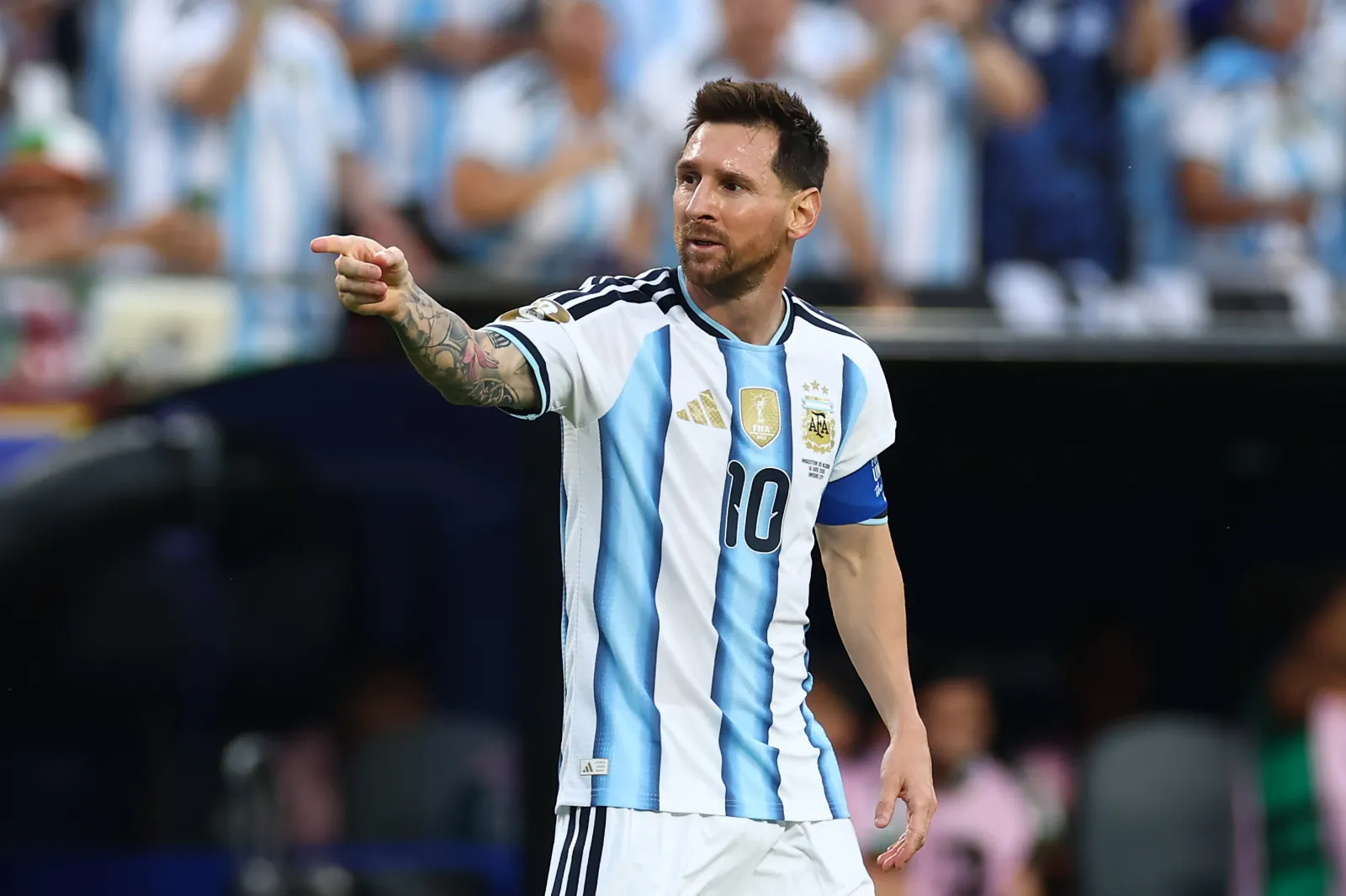 Lionel Messi of Argentina reacts after scoring the first goal during the FIFA World Cup 2026 Group J match between Argentina and Algeria at Kansas City Stadium on June 16, 2026 in Kansas City, United States. (Photo by Chris Brunskill/Fantasista/Getty Images)