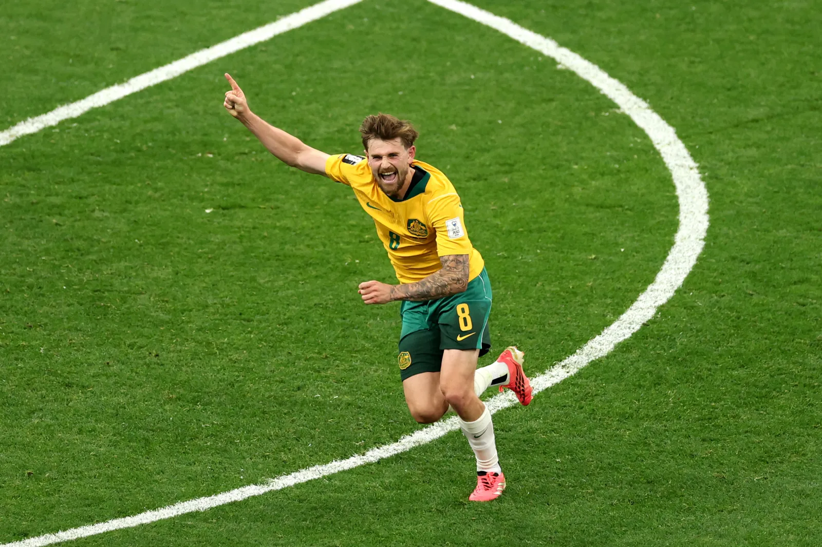 VANCOUVER, BRITISH COLUMBIA - JUNE 13: Connor Metcalfe #8 of Australia celebrates scoring his team's second goal during the FIFA World Cup 2026 Group D match between Australia and Türkiye at BC Place Vancouver on June 13, 2026 in Vancouver, British Columbia. (Photo by Richard Heathcote/Getty Images)