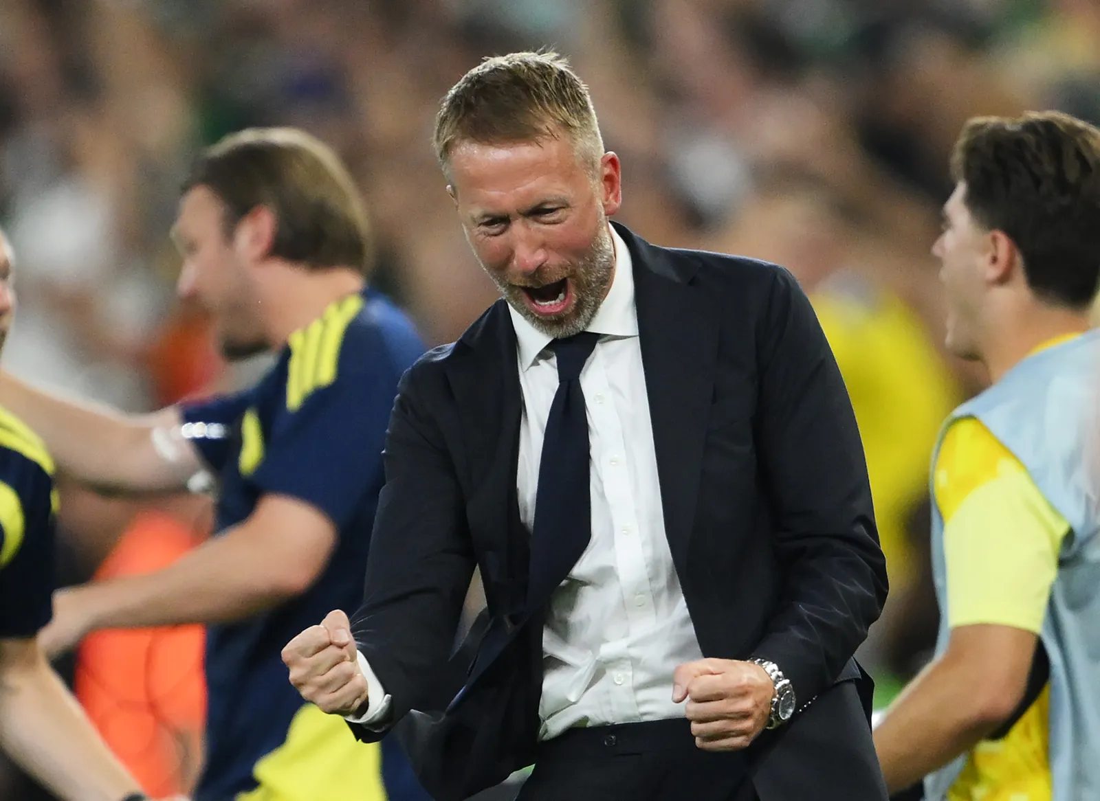 Graham Potter, Head Coach of Sweden, celebrates sa Alexander Isak #9 (not pictured) scores his team's second goal during the FIFA World Cup 2026 Group F match between Sweden and Tunisia at Monterrey Stadium on June 14, 2026 in Monterrey, Mexico. (Photo by David Ramos/Getty Images)