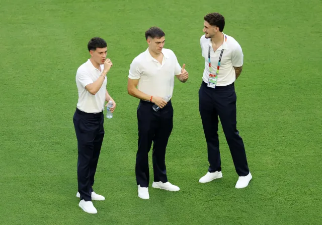Manuel Ugarte #5 and Santiago Bueno #24 of Uruguay inspect the pitch before the FIFA World Cup 2026 Group H match between Saudi Arabia and Uruguay at Miami Stadium on June 15, 2026 in Miami, Florida.