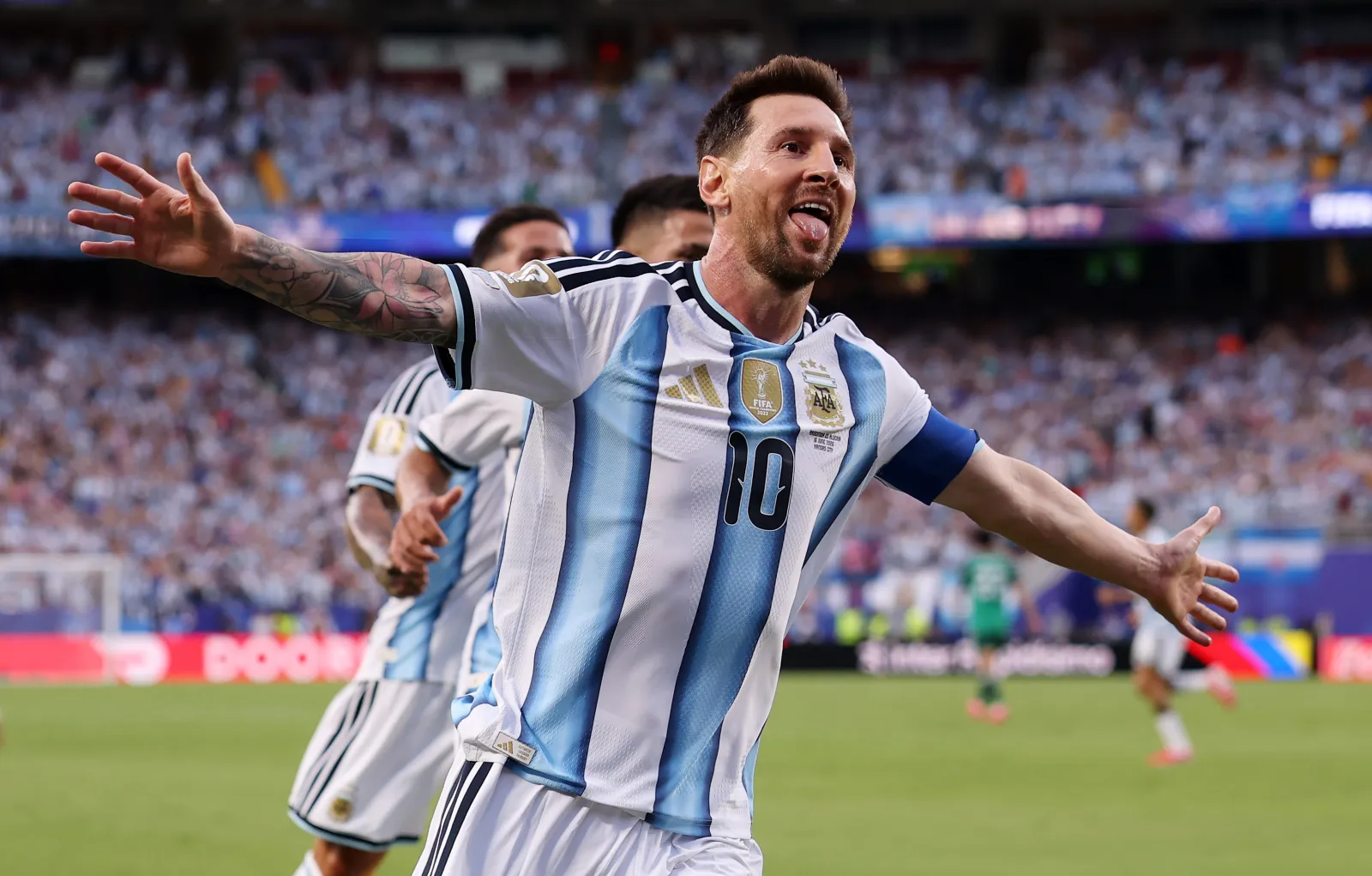  Lionel Messi #10 of Argentina celebrates scoring his team's first goal during the FIFA World Cup 2026 Group J match between Argentina and Algeria at Kansas City Stadium on June 16, 2026 in Kansas City, Missouri. (Photo by Charlotte Wilson/Getty Images)
