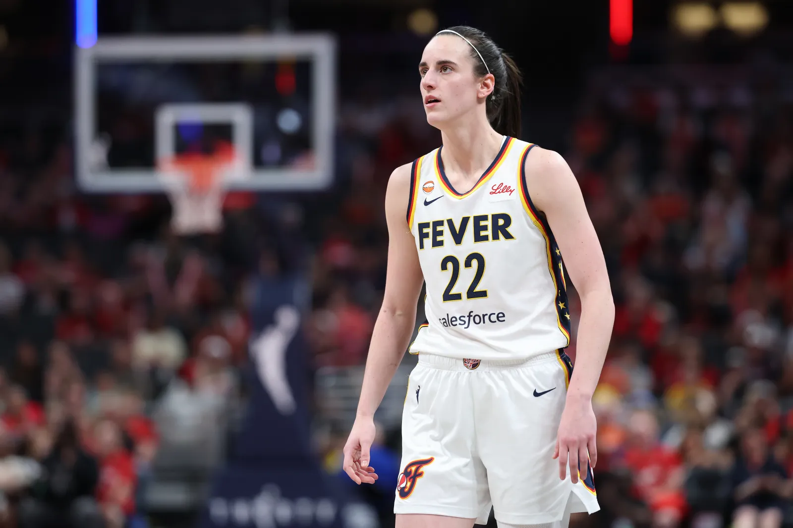 Caitlin Clark reacts during Indiana Fever game against Toronto Tempo