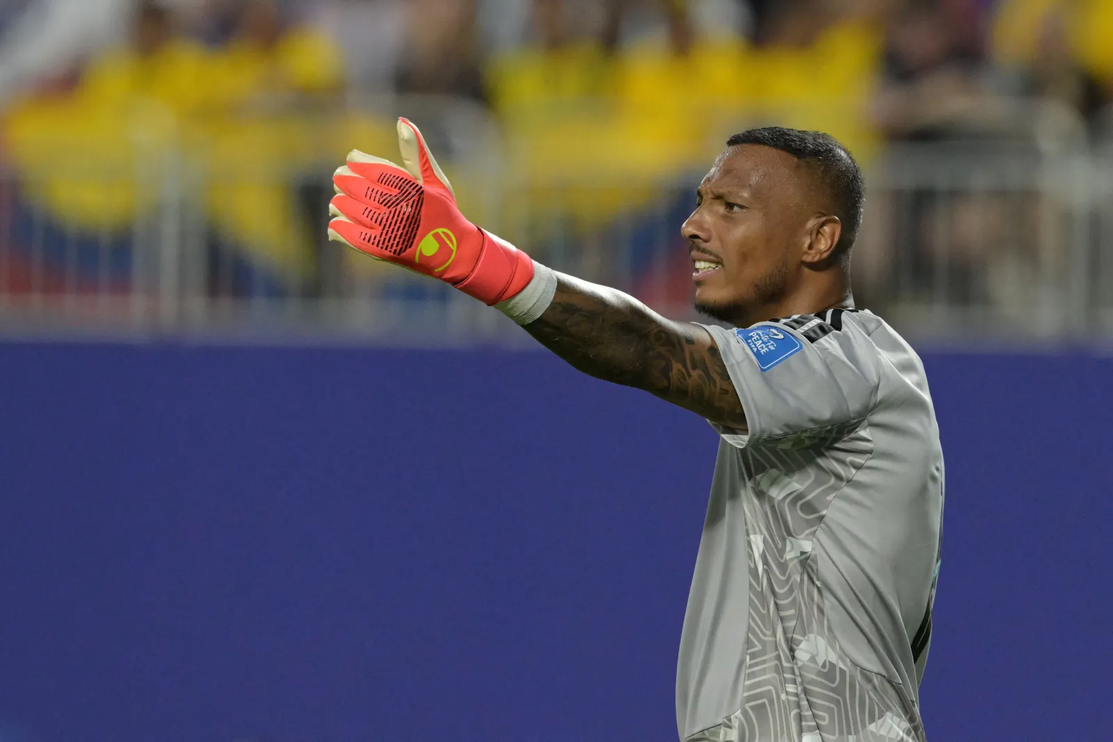 Curacao's goalkeeper #01 Eloy Room gestures during the 2026 World Cup Group E football match between Ecuador and Curacao at the Kansas City Stadium in Kansas City on June 20, 2026. (Photo by JUAN MABROMATA / AFP via Getty Images)