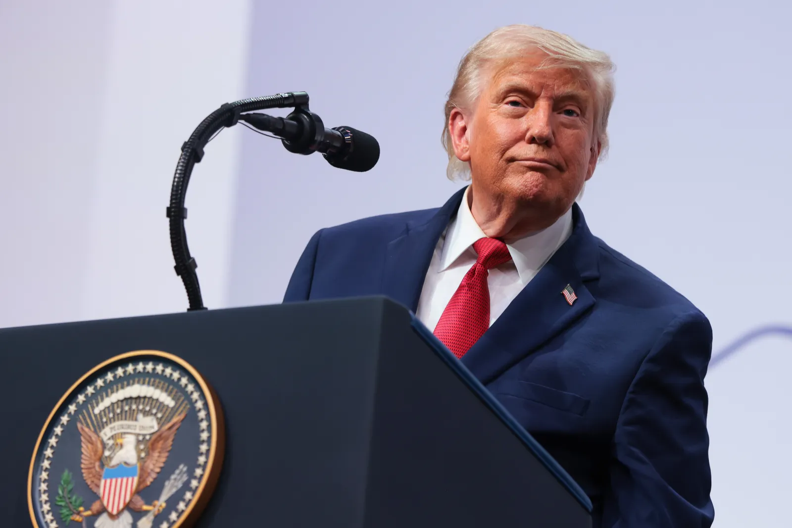 President Donald Trump attends a press conference during the G7 Leaders' Summit on June 17 in Evian-les-Bains, France. (Photo by Anna Moneymaker/Getty Images)
