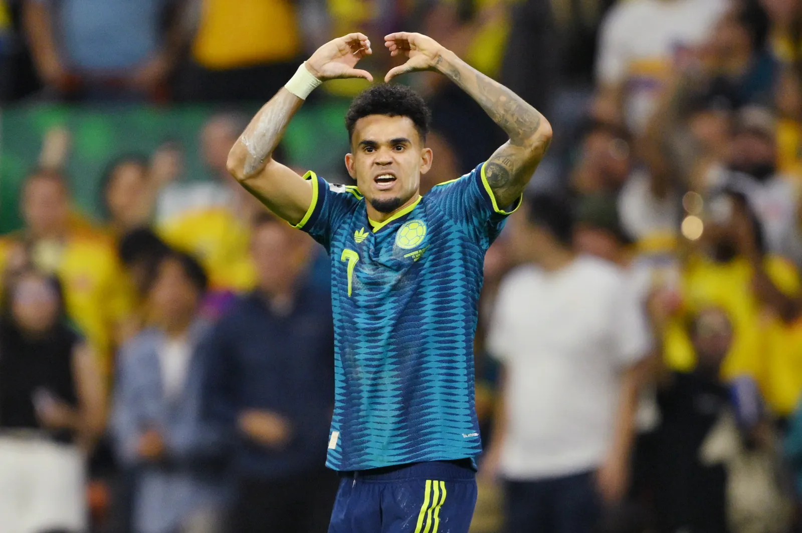 Luis Diaz #7 of Colombia celebrates after scoring his team's second goal during the FIFA World Cup 2026 Group K match between Uzbekistan and Colombia at Mexico City Stadium on June 17, 2026 in Mexico City, Mexico. (Photo by David Ramos/Getty Images)