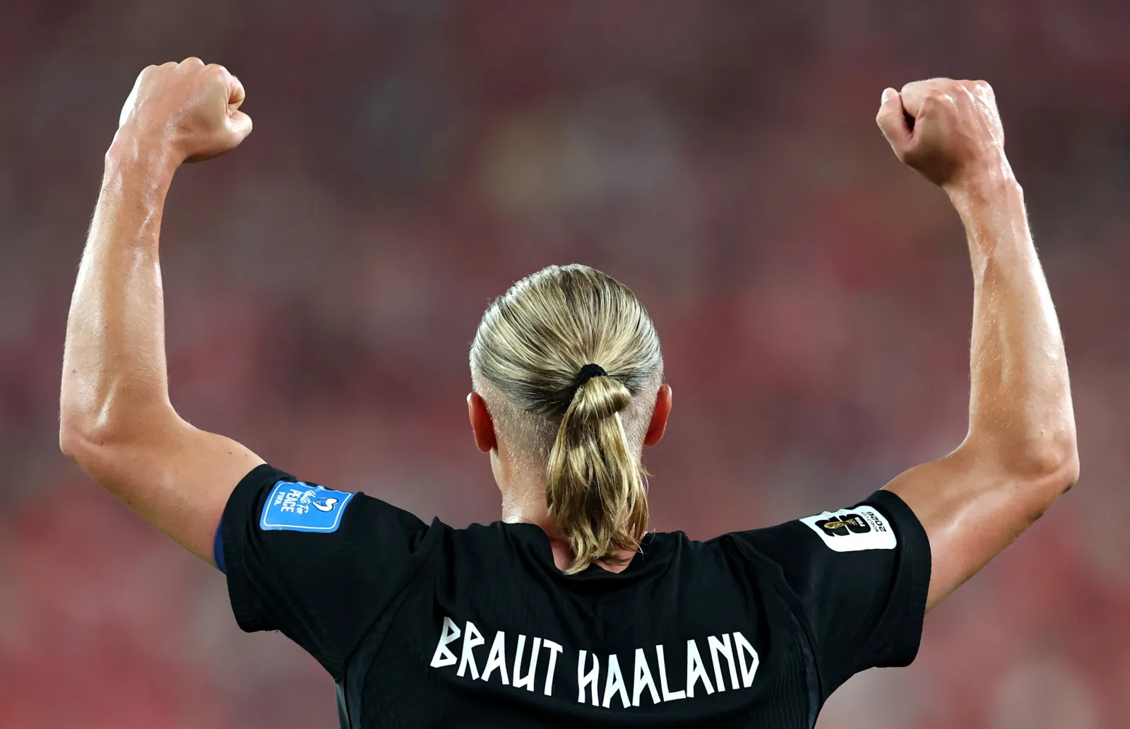 EAST RUTHERFORD, NEW JERSEY - JUNE 22: Erling Haaland #9 of Norway celebrates scoring his team's third goal during the FIFA World Cup 2026 Group I match between Norway and Senegal at New York New Jersey Stadium on June 22, 2026 in East Rutherford, New Jersey. (Photo by Al Bello/Getty Images)