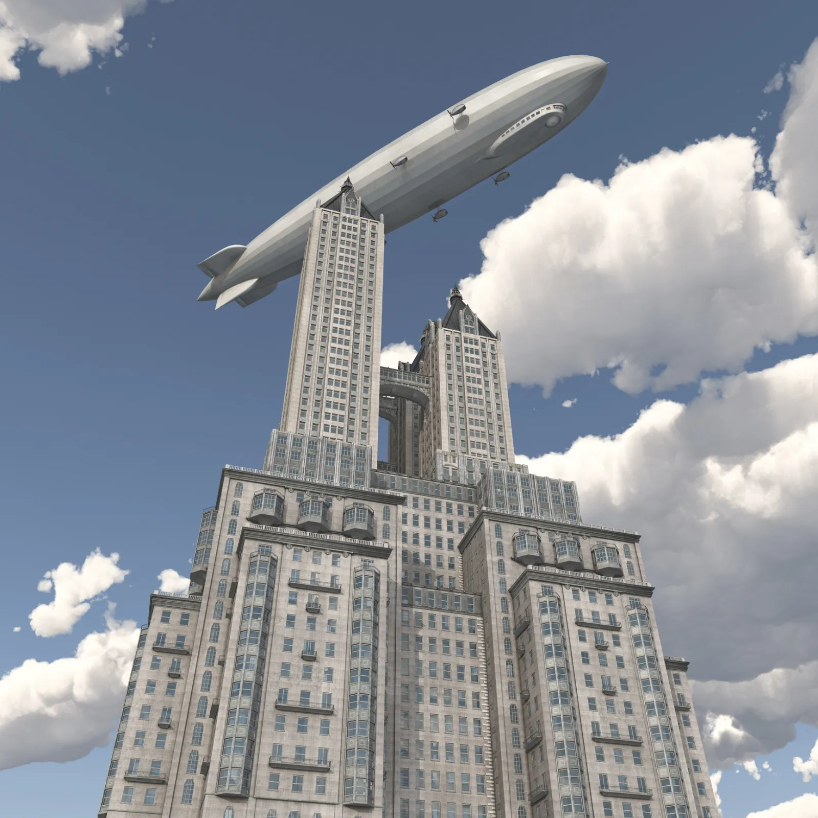 An illustration of a Zeppelin, a type of airship, floating at the top of a skyscraper.